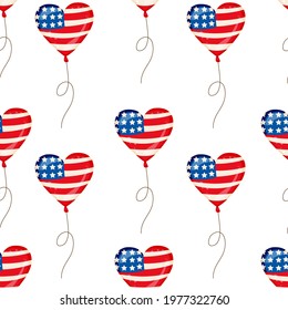 Seamless Pattern Heart Balloons for Independence Day. American Patriotic Fabric Transparent Background