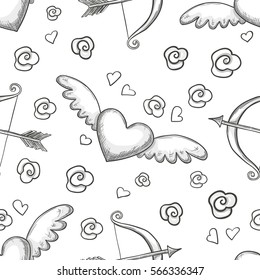 Seamless pattern with heart and bow icons. Monochrome sketch style illustration for Valentine's Day greeting card and decoration. Vector.