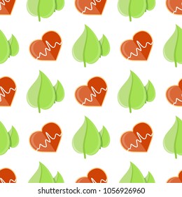 Seamless pattern with heart and cardiogram sign near green organic leaves vector illustration isolated on white background.