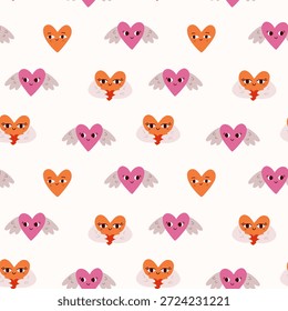Seamless pattern with heart characters and wings