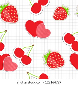 Seamless pattern with heart, cherry, strawberry. Vector illustration
