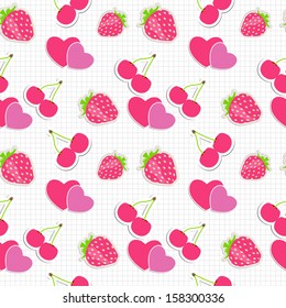 Seamless pattern with heart, cherry, strawberry. Vector illustration