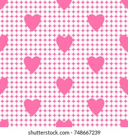 Seamless pattern with heart and circles in pink color. Romantic background.