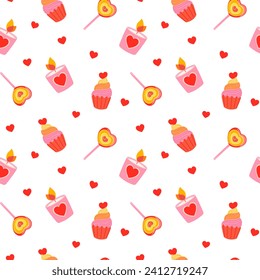 Seamless pattern with heart, cupcake, lollipop and love candle. Valentine's day vector illustration background. Detailed cartoon element for holiday patterns, packaging, designs
