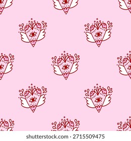 Seamless pattern with heart decorated with flower, eye, wings. Symbol of love on pink background. Whimsical design