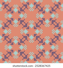 Seamless Pattern with Heart Designs. Traditional Cross Stitch needlework. Geometric Ethnic Pattern, Embroidery, Textile Ornamental, Fabric, Hand Stitch Pattern, Cultural Stitching Pixel Art.