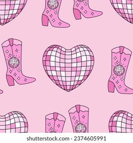 Seamless pattern with heart disco ball and cowboy boots. Holiday vector background