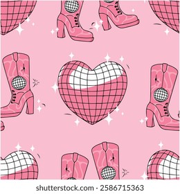 Seamless Pattern with Heart Disco Ball and Cowboy Boots Holiday Style