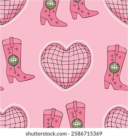 Seamless Pattern with Heart Disco Ball and Cowboy Boots Holiday Vibe