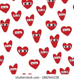 Seamless pattern with heart with eyes. Background for textile, fabric, wrapping paper, web and other design.
