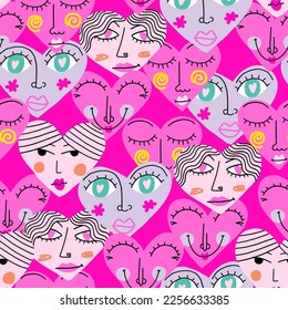 seamless pattern with heart with face. Background for textile, fabric, stationery, valentines cards and other design.