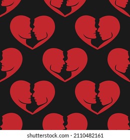 seamless pattern heart face silhouette female and male on black background vector image eps