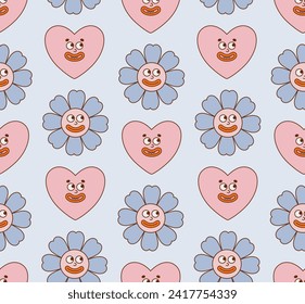 Seamless pattern with heart and flower retro character. Vector illustration in trendy retro cartoon style. Love, Valentine's Day.