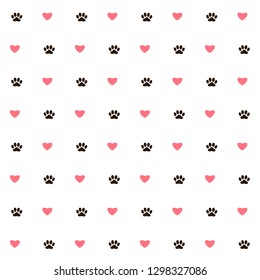 Seamless pattern of heart and footprint. Red heart, black animal footprint on white, design element stock vector illustration for web, for print, for fabric print