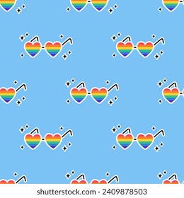 Patrón sin brillo con lentes de ojos de corazón con bandera LGBT. Gafas de color arcoiris. Textura LGBT al estilo doodle. LGBTQ, símbolo de la comunidad del orgullo LGBT. Ilustración vectorial.