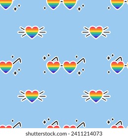 Seamless pattern with Heart form eyeglasses and heart in LGBT flag colors. Rainbow colored glasses, heart. LGBT texture in doodle style. LGBTQ, LGBT pride community Symbol. Vector illustration.