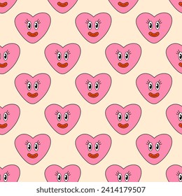 Seamless Pattern with Heart Girl Pink Smile Character for Valentine Day. Mascot in groovy and Y2k style. Vector cartoon illustration.