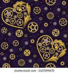 Seamless pattern with heart, golden gears, red, violet, yellow gemstones, victorian elements in steampunk style. Dark violet background.