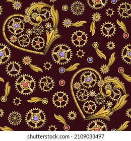 Seamless pattern with heart, golden gears, red, violet, yellow gemstones, victorian elements in steampunk style. Dark red background.