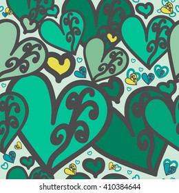 Seamless pattern. Heart green color of with swirls. For printing on packaging, bags, cups, laptop, furniture, etc. Vector.