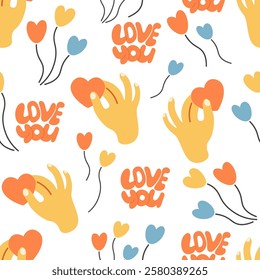 seamless pattern with heart in hand in doodle style. Element for decoration design mail posts postcards poster print invitation background backdrop wrapping wallpaper banner textile