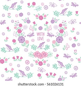 Seamless pattern with heart and hand drawn floral elements. Elements for Valentine's Day, mother's day, birthday, wedding. Doodles, sketch. Vector