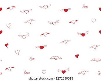Seamless pattern with heart. Hand drown sketch hearts with wings and love. Happy Valentines day background. Heart and love background. Red love heart on white background. Vector design greeting card