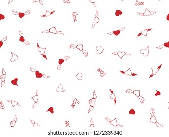 Seamless pattern with heart. Hand drown sketch hearts with wings and love. Happy Valentines day background. Heart and love background. Red love heart on white background. Vector design greeting card