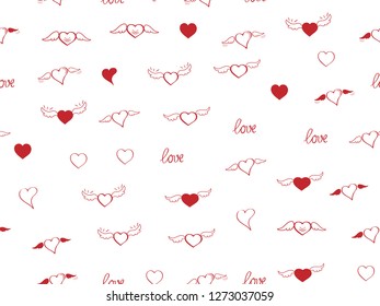 Seamless pattern with heart. Hand drown sketch hearts with wings and love. Happy Valentines day background. Heart and love background. Red love heart on white background. Vector design greeting card