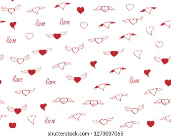 Seamless pattern with heart. Hand drown sketch hearts with wings and love. Happy Valentines day background. Heart and love background. Red love heart on white background. Vector design greeting card