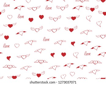 Seamless pattern with heart. Hand drown sketch hearts with wings and love. Happy Valentines day background. Heart and love background. Red love heart on white background. Vector design greeting card