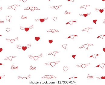 Seamless pattern with heart. Hand drown sketch hearts with wings and love. Happy Valentines day background. Heart and love background. Red love heart on white background. Vector design greeting card