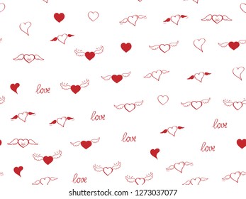 Seamless pattern with heart. Hand drown sketch hearts with wings and love. Happy Valentines day background. Heart and love background. Red love heart on white background. Vector design greeting card
