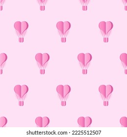 Seamless pattern with heart hot air balloon paper art style. Pattern graphic style. Cut paper effect. Vector illustration