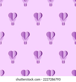Seamless pattern with heart hot air balloon paper art style. Pattern graphic style. Cut paper effect. Vector illustration