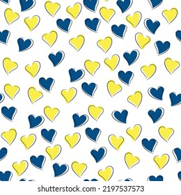 Seamless pattern of heart icons yellow and blue on a white background. Seamless vector background Ukraine concept. Design for birthday, wedding, fabric, packaging, paper