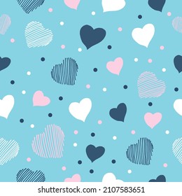 seamless pattern with heart illustration on blue background. hand drawn vector. romantic background. valentine celebration. doodle art for wallpaper, wrapping paper and gift, backdrop, fabric, textile