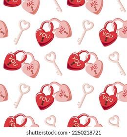 Seamless pattern of heart intertwined lovelocks and keys on isolated background. Romantic love design for love and wedding day celebration, greeting cards, invitations, scrapbooking, paper crafts.