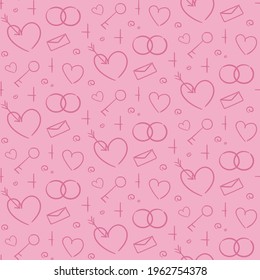 Seamless pattern with heart, key and rings. Texture with wedding symbols in doodle style.