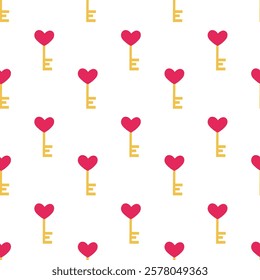 Seamless pattern with heart key. Valentine day background. Vector flat illustration.