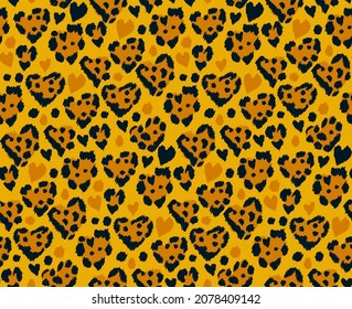 Seamless pattern with heart leopard, cheetah or jaguar print. Fashionable print with safari hearts. Camouflage fashion background for textiles, fabrics, prints. Ditsy vector illustration