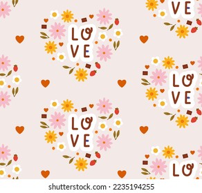 Seamless pattern of heart with lettering, flowers, berries, strawberries, leaves, and chocolates. Concept of valentine's day, romance, love. 