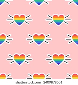 Patrón sin brillo con el corazón en los colores de la bandera LGBT. Corazón de color arcoiris. Pegatina LGBT al estilo doodle. LGBTQ, símbolo de la comunidad del orgullo LGBT. Ilustración vectorial.