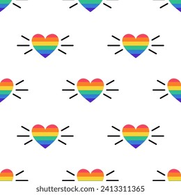 Seamless pattern with Heart in LGBT flag colors. Rainbow colored heart. LGBT sticker in doodle style. LGBTQ, LGBT pride community Symbol. Vector illustration isolated on white background.