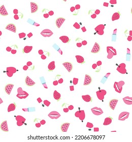 Seamless pattern with heart, lips, cherry, lipstick, strawberry, nail polish in 1980s 1990s style. Vector retro background with pop girly stickers in pink color.