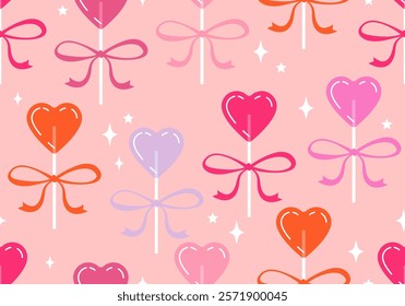 Seamless pattern with heart lollipop. Romantic love sugar caramel symbol. candy heart shape. Valentine day celebration. Cute love drawings. Strawberry flavoured candies. 14 February greetings