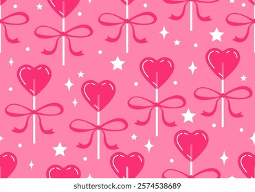 Seamless pattern with heart lollipop. Romantic love sugar caramel symbol. candy heart shape. Valentine day celebration. Cute love drawings. Strawberry flavoured candies. 14 February greetings