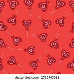 Nahtloses Muster mit Herzlutscher, Schleifen. Ideal für Banner, Karten, Flyer, Wallpaper in sozialen Medien. Liebesbonbons.Hintergrund für Valentinstag und romantische Feiertage.Romantischer Hochzeitsdesign-Vektor
