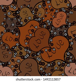 Seamless pattern Heart, love. Brown pattern. Hand drawn illustration on brown, black and white colors. Coloring book page design. Design. Vector. Anti stress valentine vintage decorative element.
