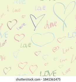 seamless pattern heart and love. multicolored wallpaper. bright, childish drawing. decoration of a children's room. for printing on fabric, wrapping paper, postcards. design for a girl. February 14, 